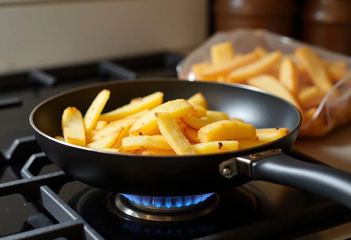 Preparando batata frita congelada em uma panela aquecida antes de fritar.