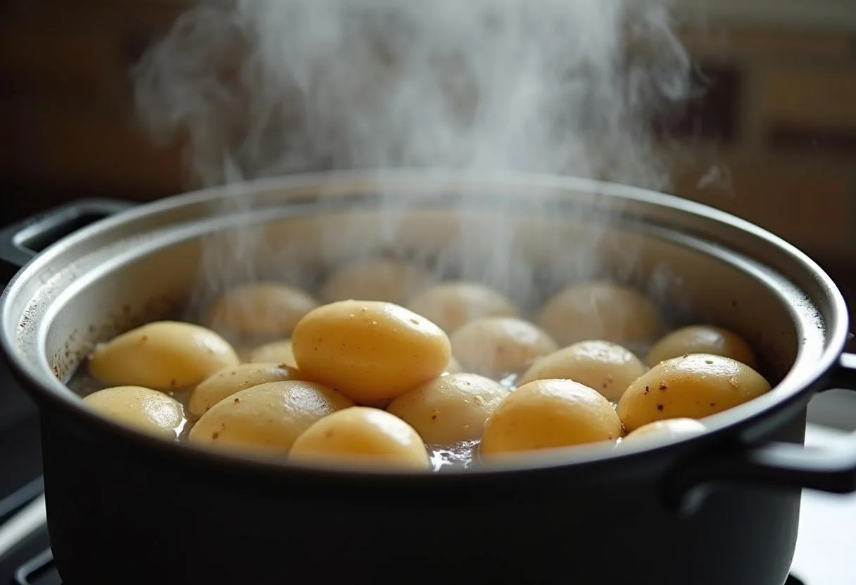 Batata inglesa sendo cozida em água fervente, mostrando o preparo calorias batata cozida.