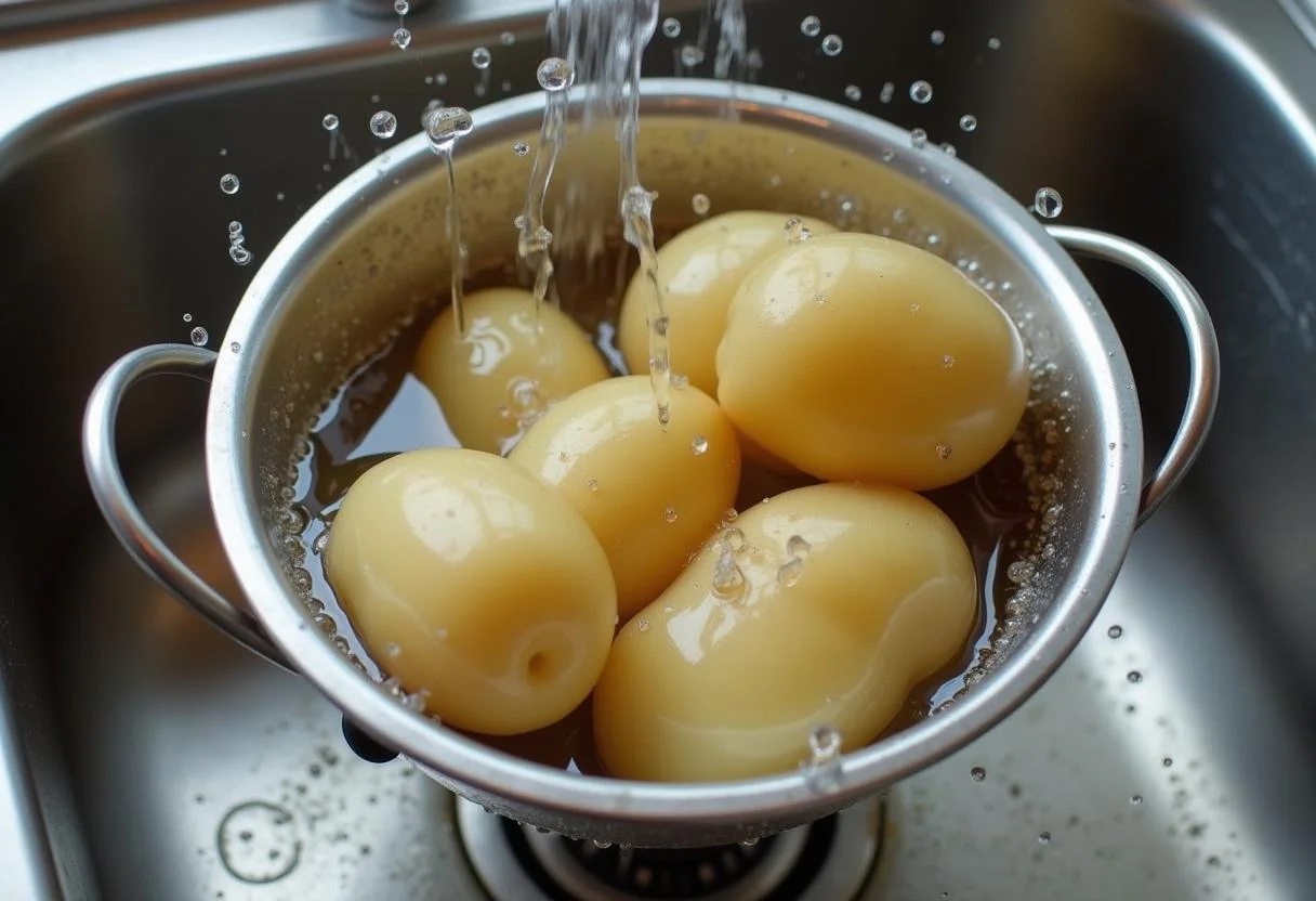 Batata inglesa cozida sendo escorrida em uma peneira, mostrando o resultadó calorias batata cozida.