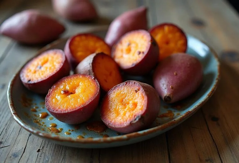 Batata roxa assada no forno com crosta dourada e interior macio, prato perfeito para acompanhamentos.