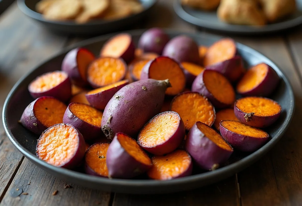 Batata roxa assada no forno com crosta dourada e interior macio, prato perfeito para acompanhamentos.