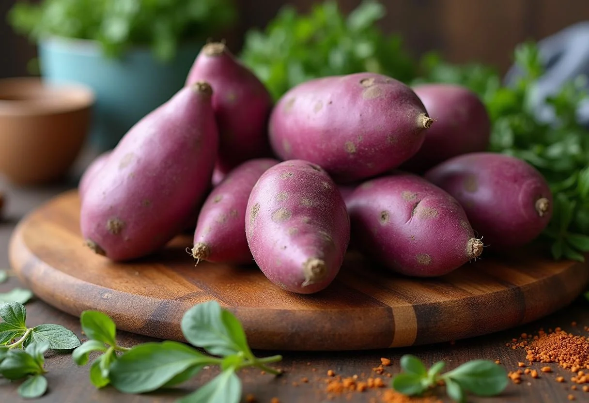 Batata roxa doce dispostas em uma tábua de cortar para batata roxa assada no forno.