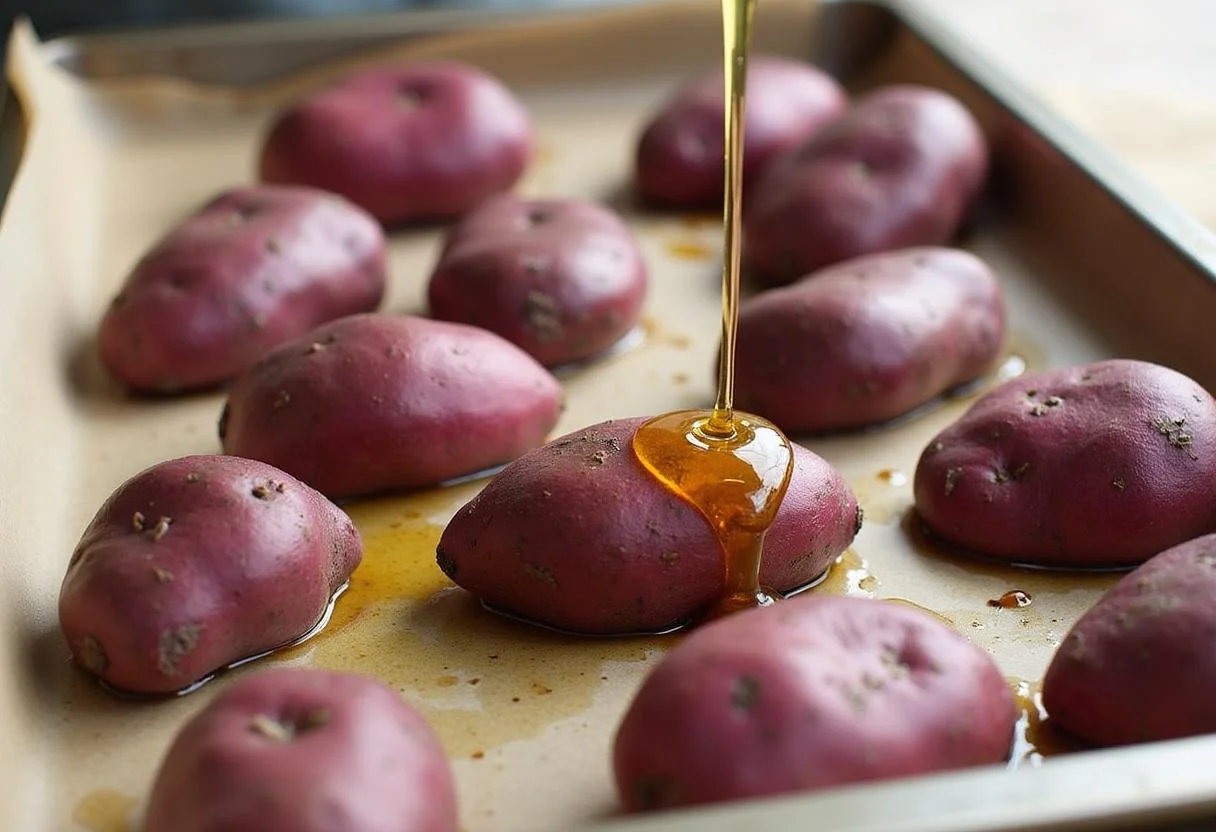 Batata doce roxa sendo temperada com azeite e alho antes de ir ao forno.