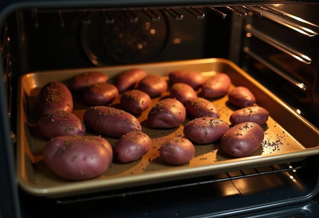 Tabuleiro com batata roxa doce sendo colocado no forno para assar.