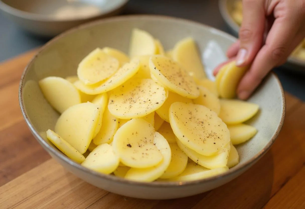 Sliced potatoes seasoned for Batata Ruffles Cebola e Salsa caseira.