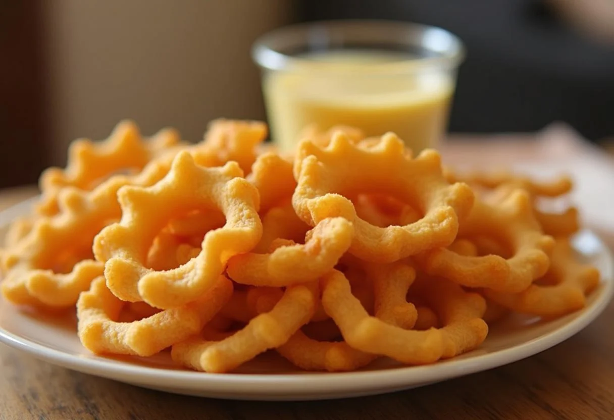 Serving freshly made Batata Ruffles with cebola e salsa dip.