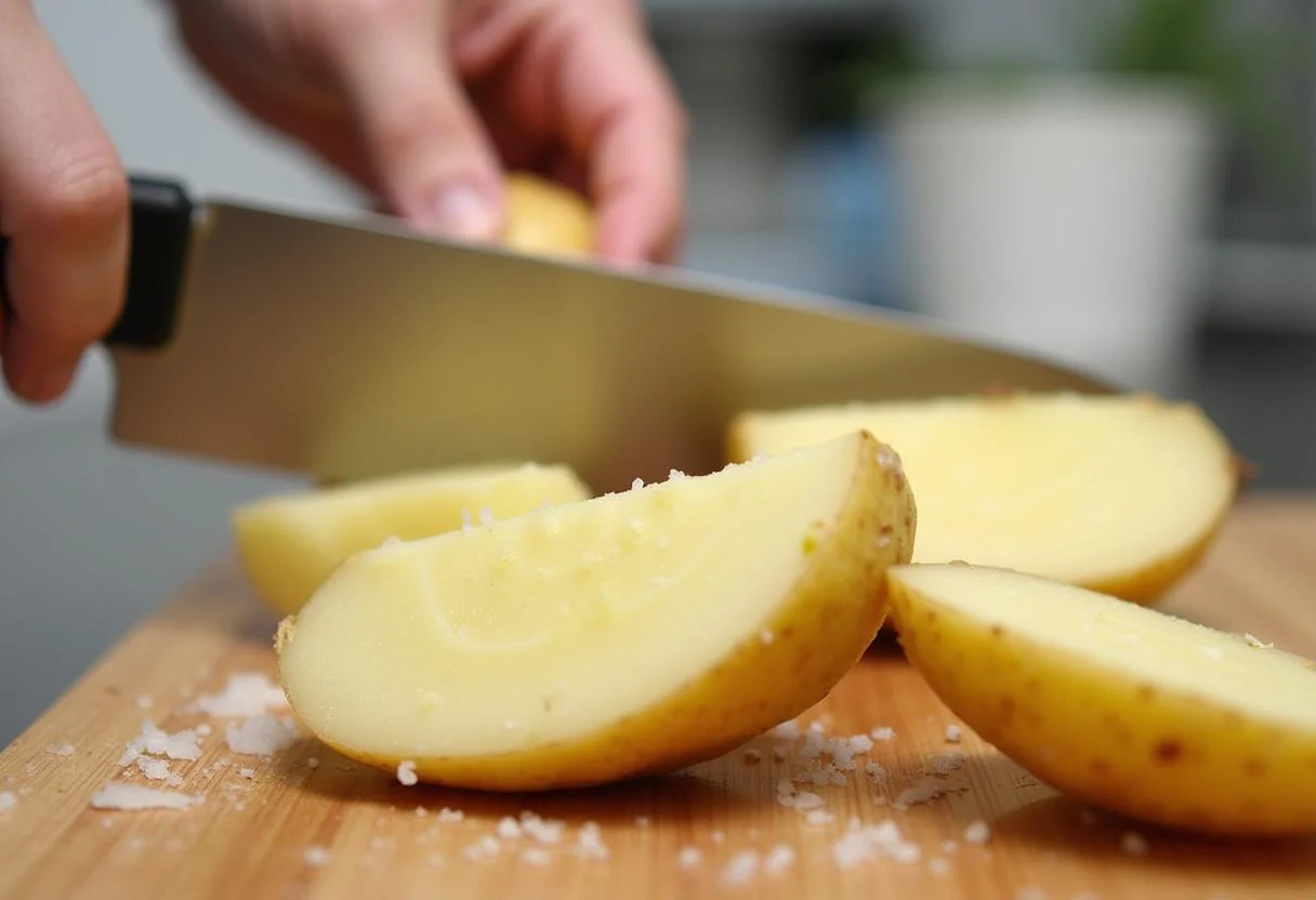 Batata da perna sendo cortada em gomos para a receita de batata na perna assada.