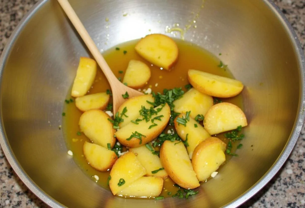 Mistura de azeite, alho e ervas com gomos de batata da perna para a batata na perna assada.