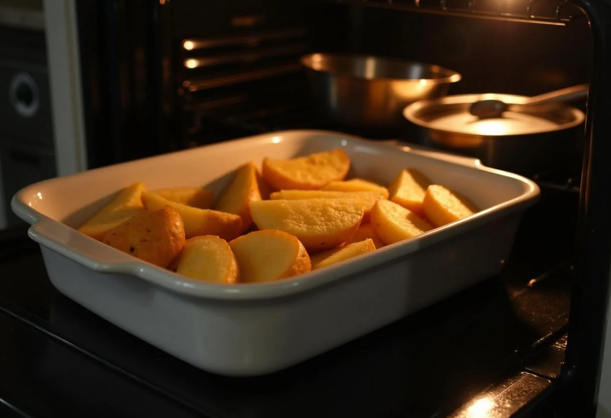 Dish com batata na perna sendo colocada no forno para assar.