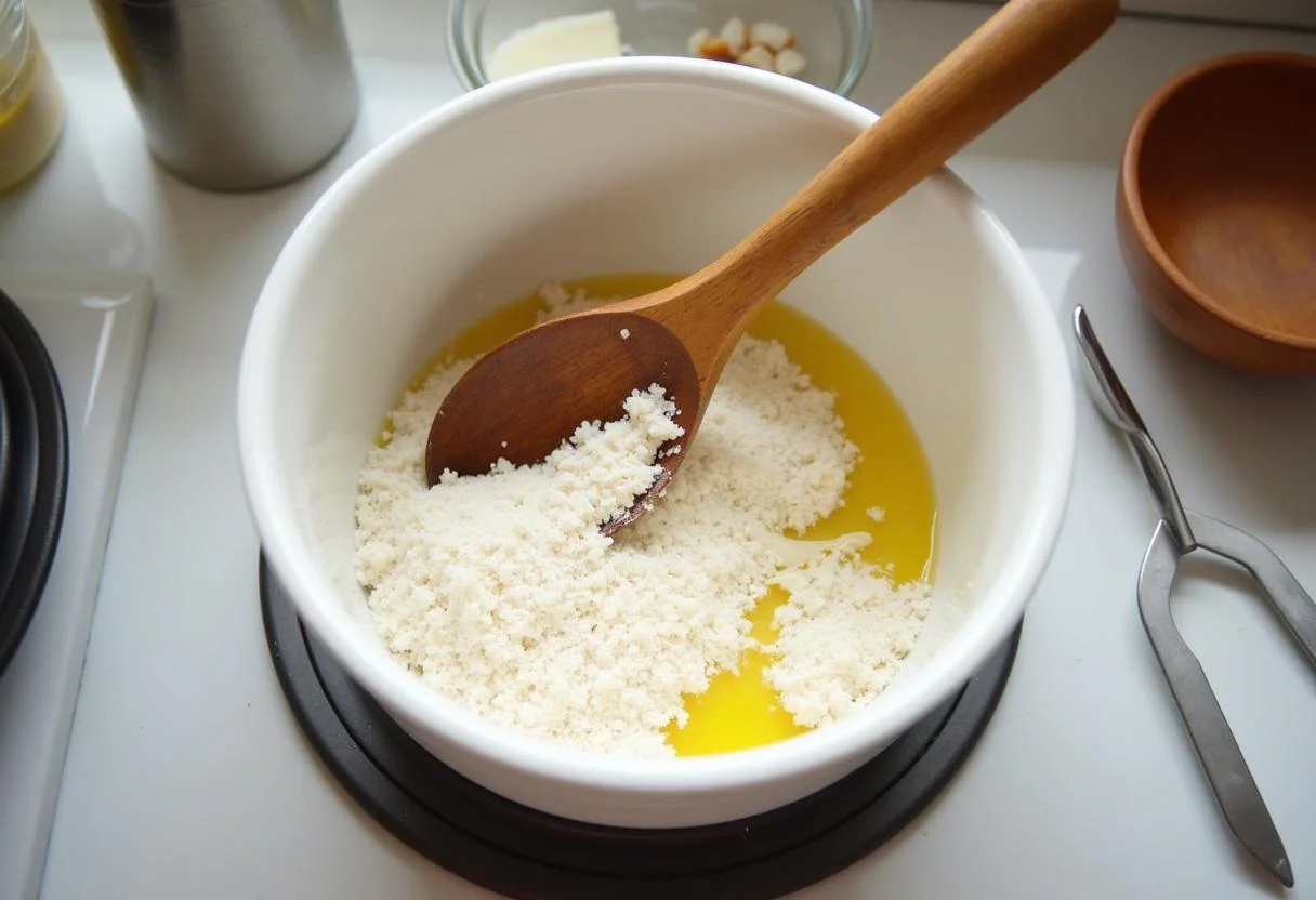 Misturando ingredientes para biscoito de arroz grande s/ gluten kod 80g em uma tigela.