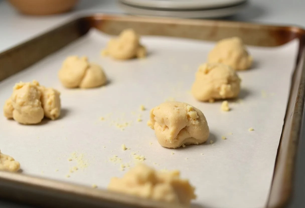 Preparação de biscoito de arroz mini s/ gluten kod 80g, com bolinhas de massa na assadeira.