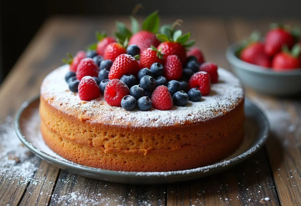 Bolo sem ovo decorado com frutas frescas, perfeito para quem tem alergias.