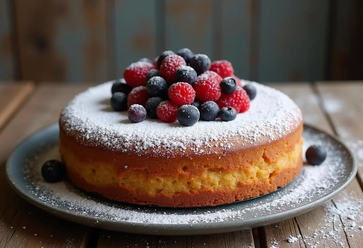 Bolo sem ovo decorado com frutas frescas, perfeito para quem tem alergias.
