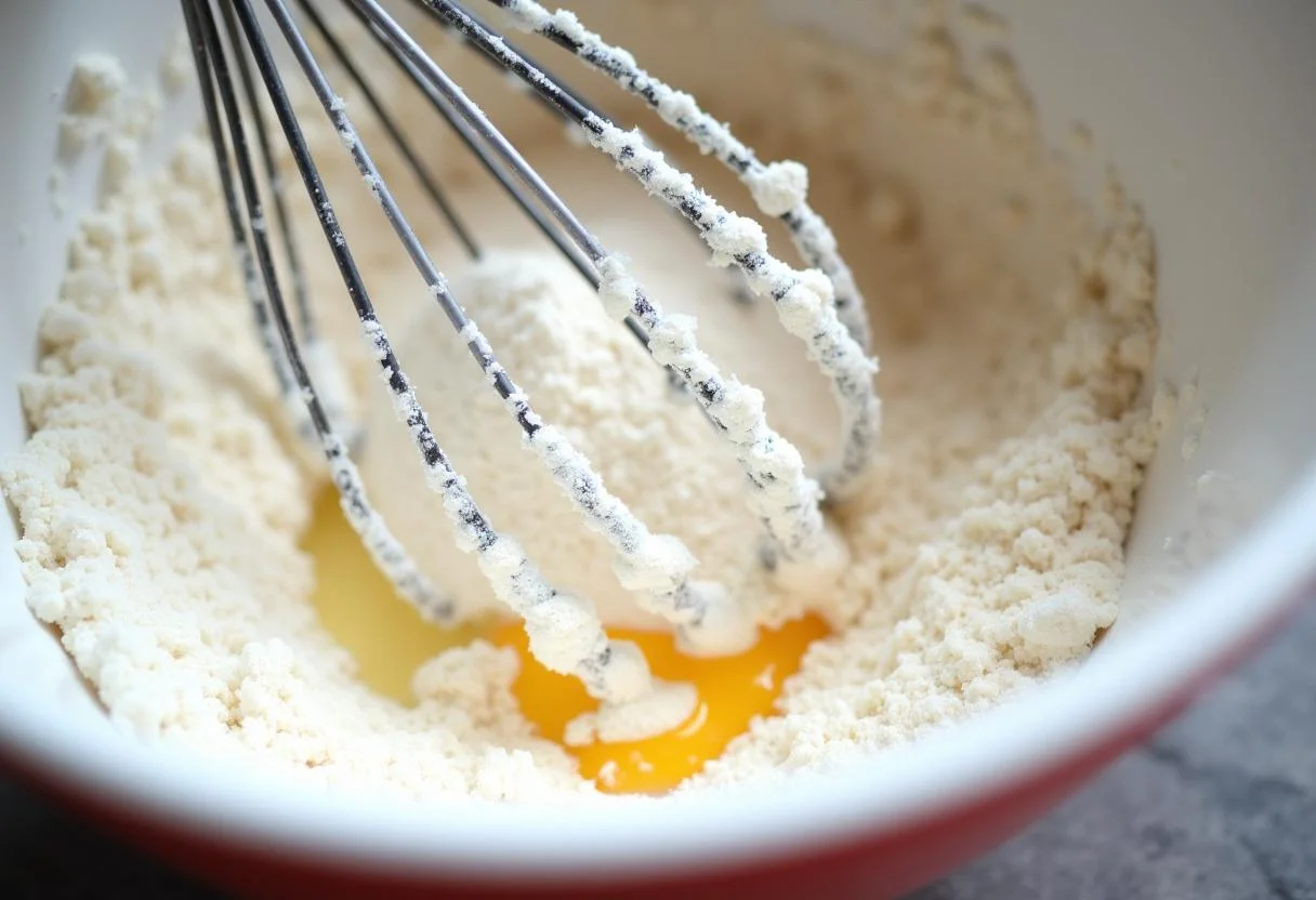 Ingredientes secos para bolo sem ovo, incluindo farinha e açúcar, preparados em uma tigela.