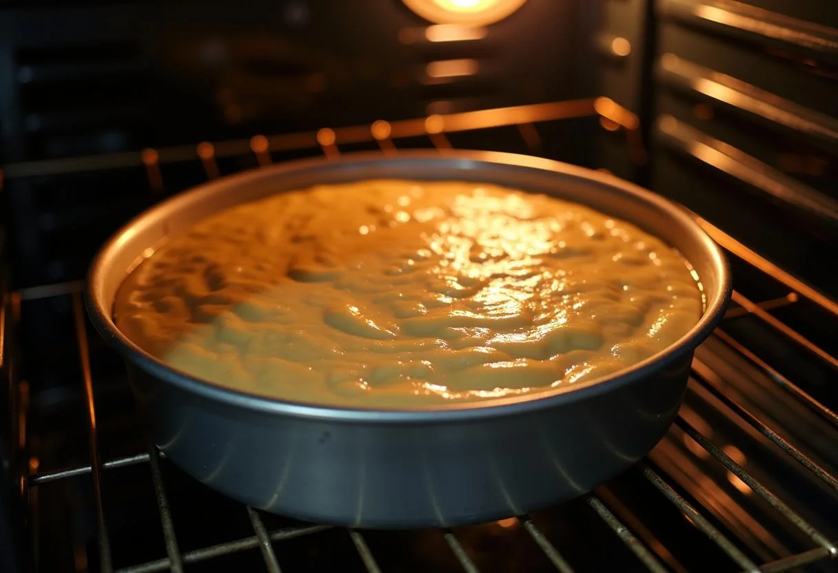 Forma de bolo com goiabada zelia sendo colocada no forno para assar.