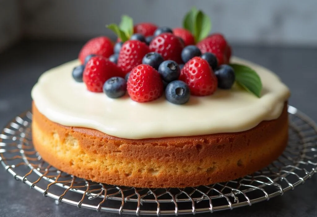 Bolo com leite em pó sem lactose decorado com frutas frescas, ideal para festas.