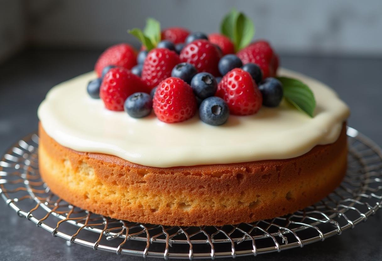 Bolo com leite em pó sem lactose decorado com frutas frescas, ideal para festas.