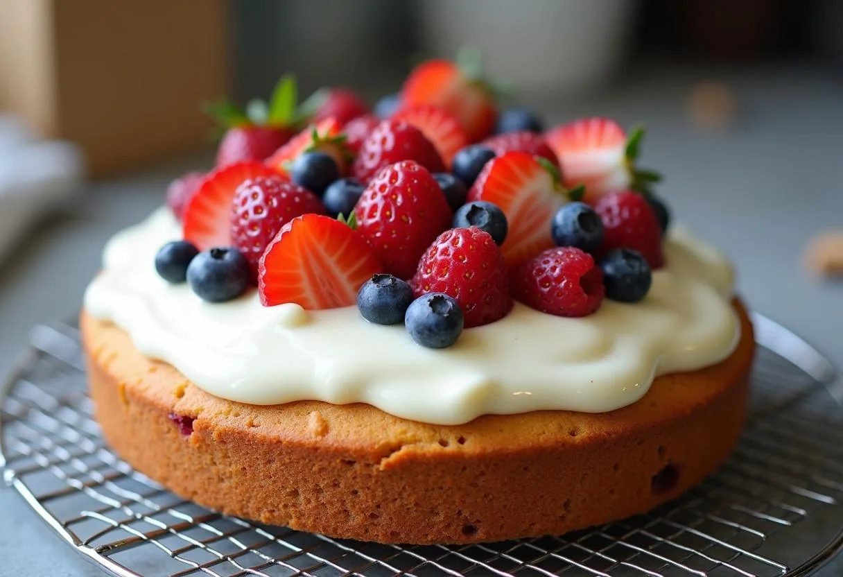 Bolo com leite em pó sem lactose decorado com frutas frescas, ideal para festas.