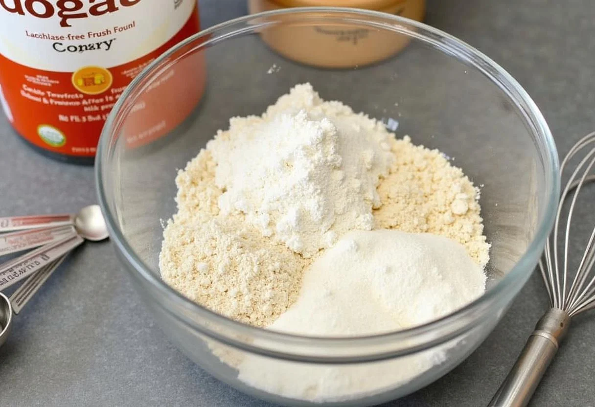 Mistura de ingredientes secos como farinha sem glúten, açúcar e leite em pó sem lactose para bolo.