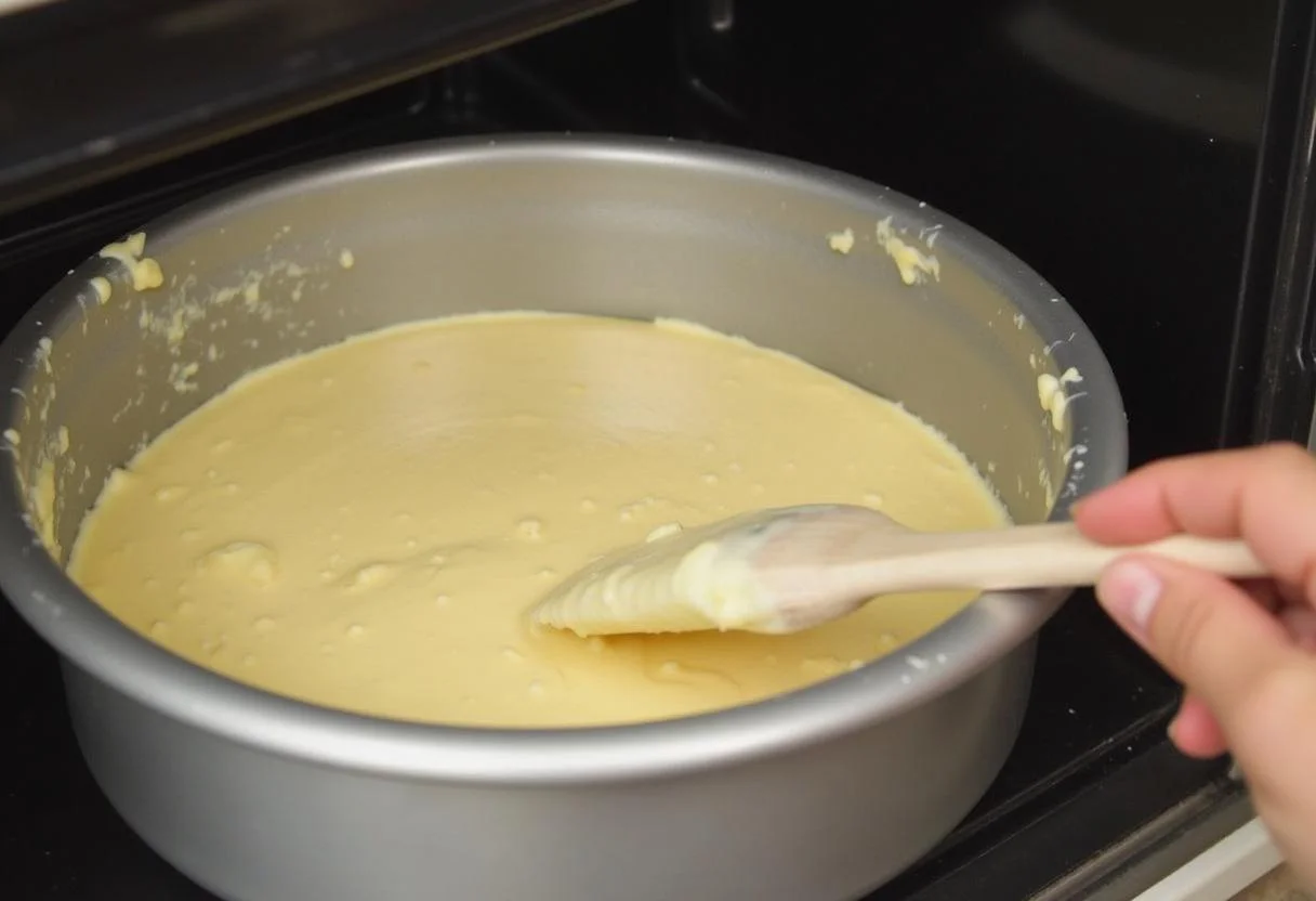 Forma de bolo sendo preenchida com a massa do bolo com leite sem lactose em pó.