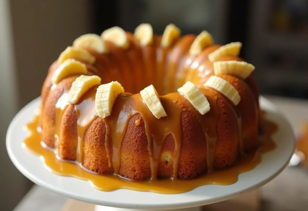Finished Bolo de Banana Ouro Caramelizada with caramel drizzle and banana slices, perfect for dessert.