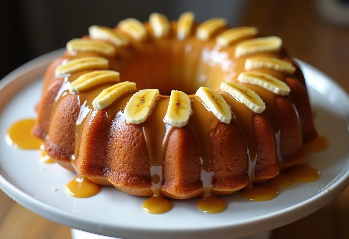 Finished Bolo de Banana Ouro Caramelizada with caramel drizzle and banana slices, perfect for dessert.