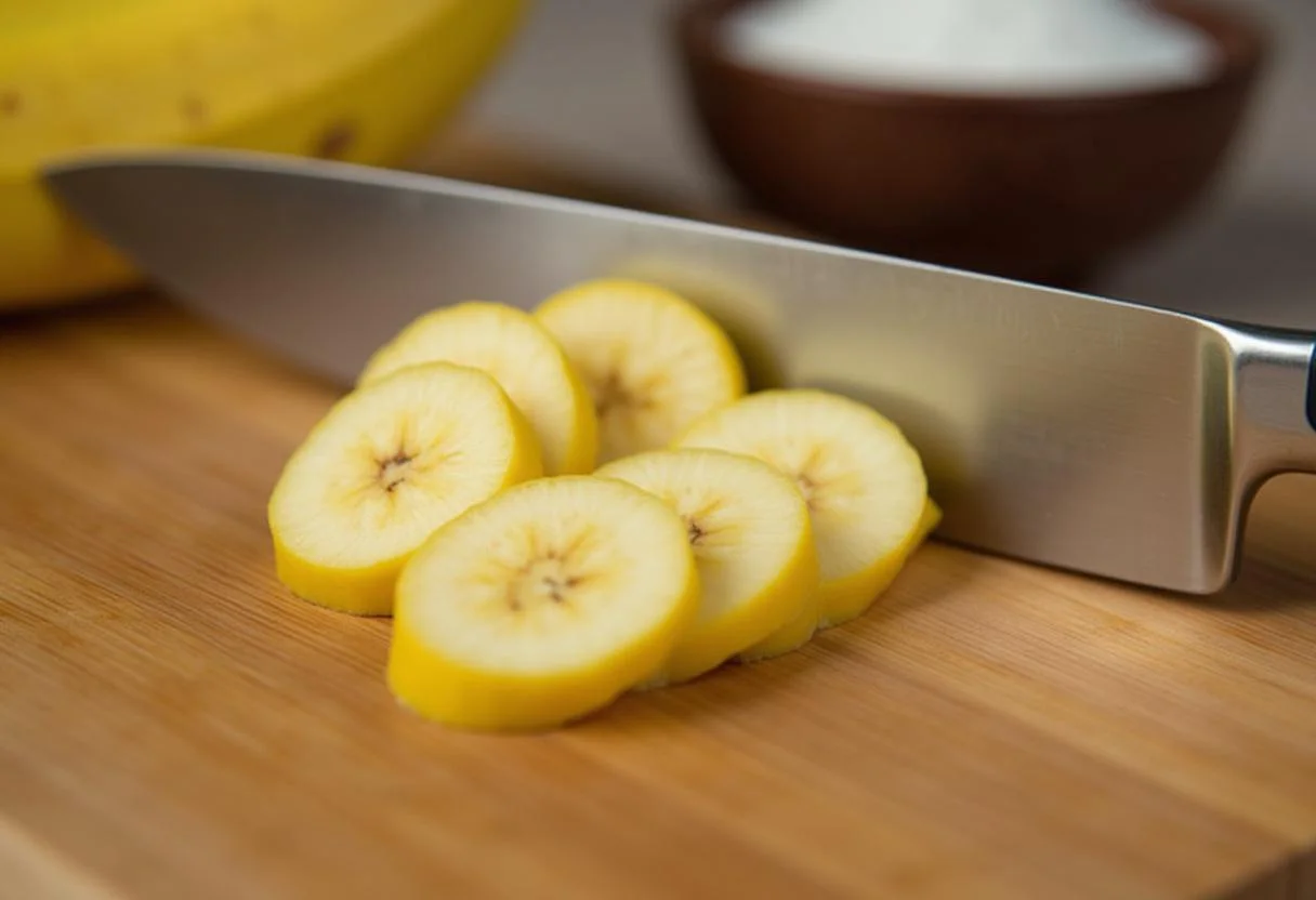 Slicing ripe banana ouro for making Bolo de Banana Ouro Caramelizada.