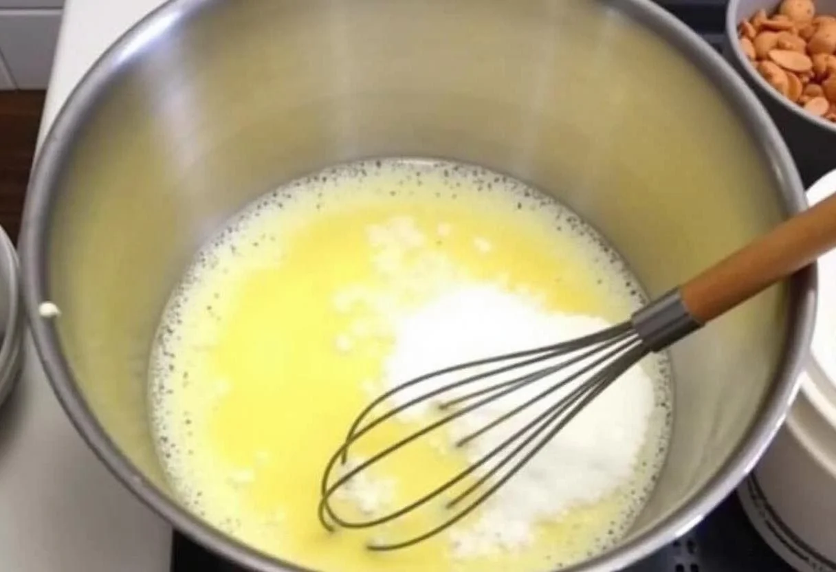 Mixing melted butter and sugar for Bolo de Banana Ouro Caramelizada recipe.