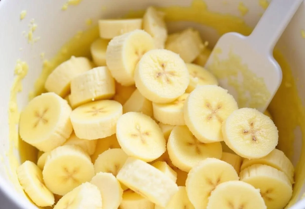 Banana ouro being folded into the mixture for Bolo de Banana Ouro Caramelizada.