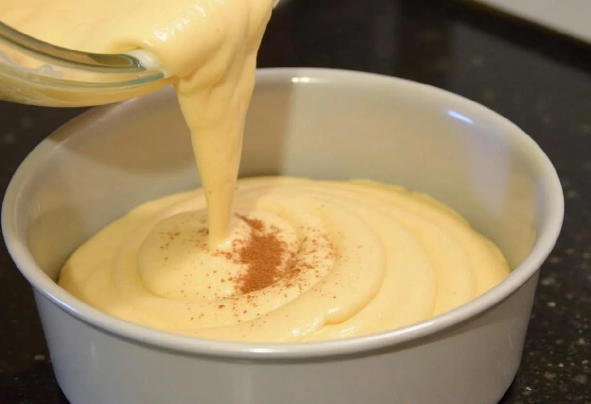 Pouring the banana cake batter into a baking pan for Bolo de Banana Ouro Caramelizada.