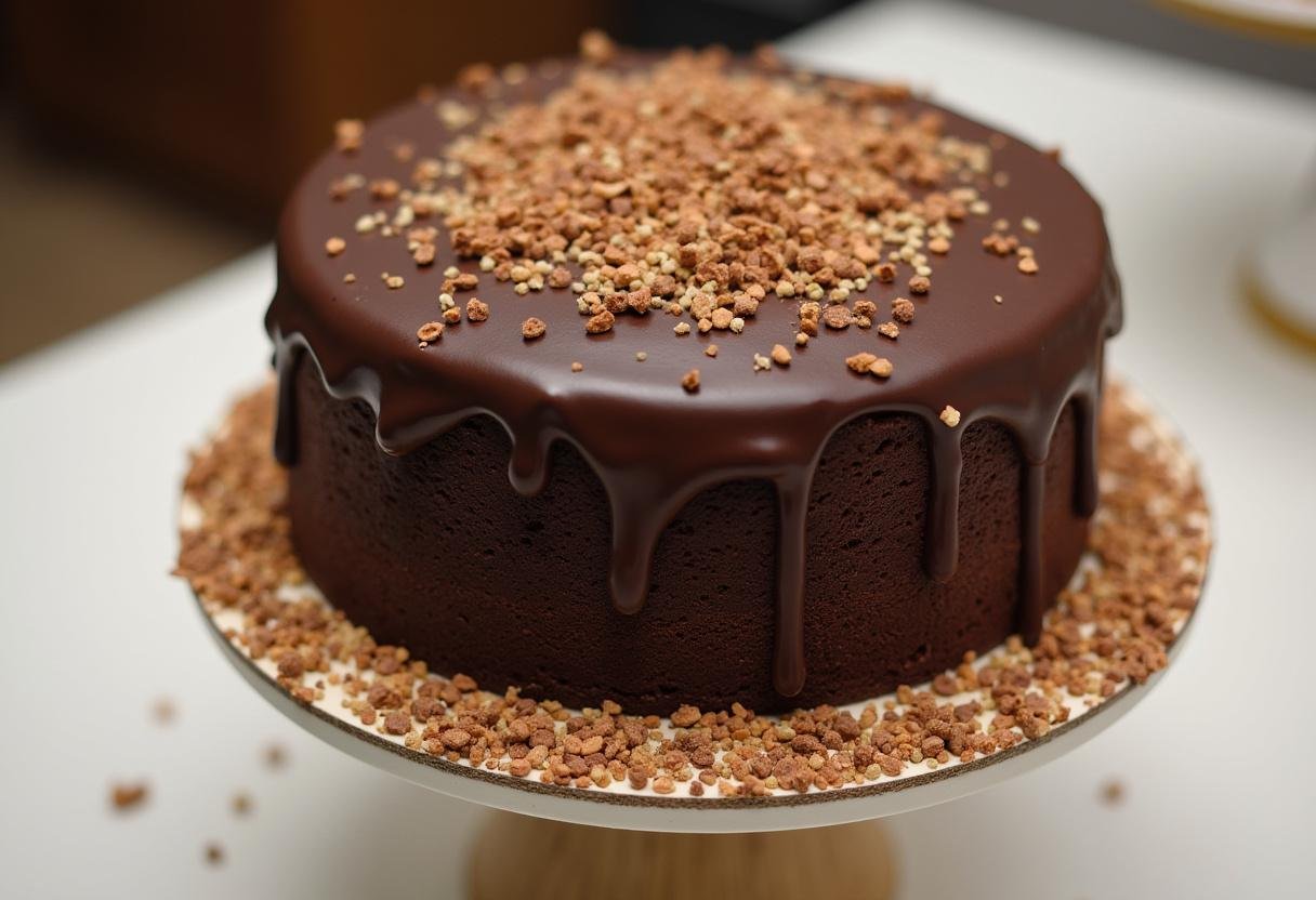 Bolo de chocolate 100 cacau finalizado decorado com ganache e confeitos.