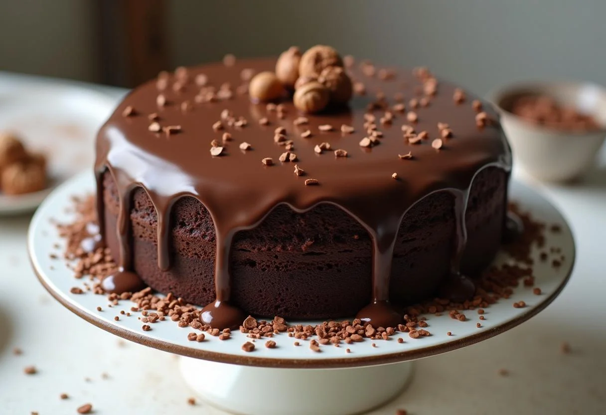 Bolo de chocolate 100 cacau finalizado decorado com ganache e confeitos.