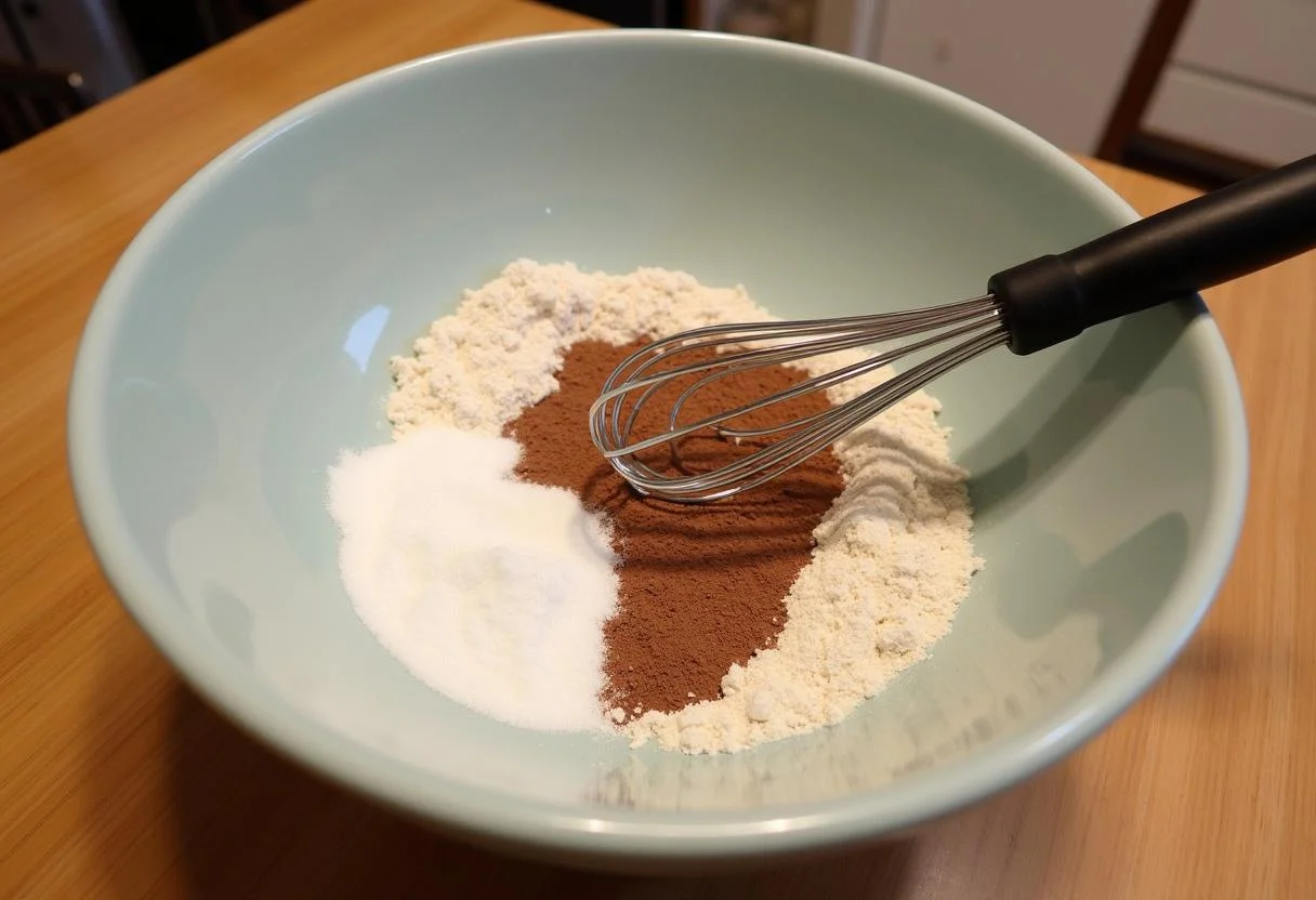 Ingredientes secos para bolo de chocolate 100 cacau em pó misturados em uma tigela.