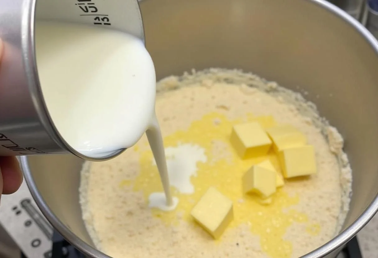 Mistura de líquidos sendo adicionada aos ingredientes secos para bolo de chocolate 100 cacau.