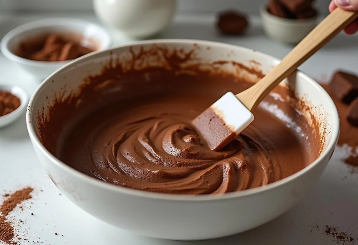 Misturando a massa do bolo de chocolate cacau 100 em uma tigela.