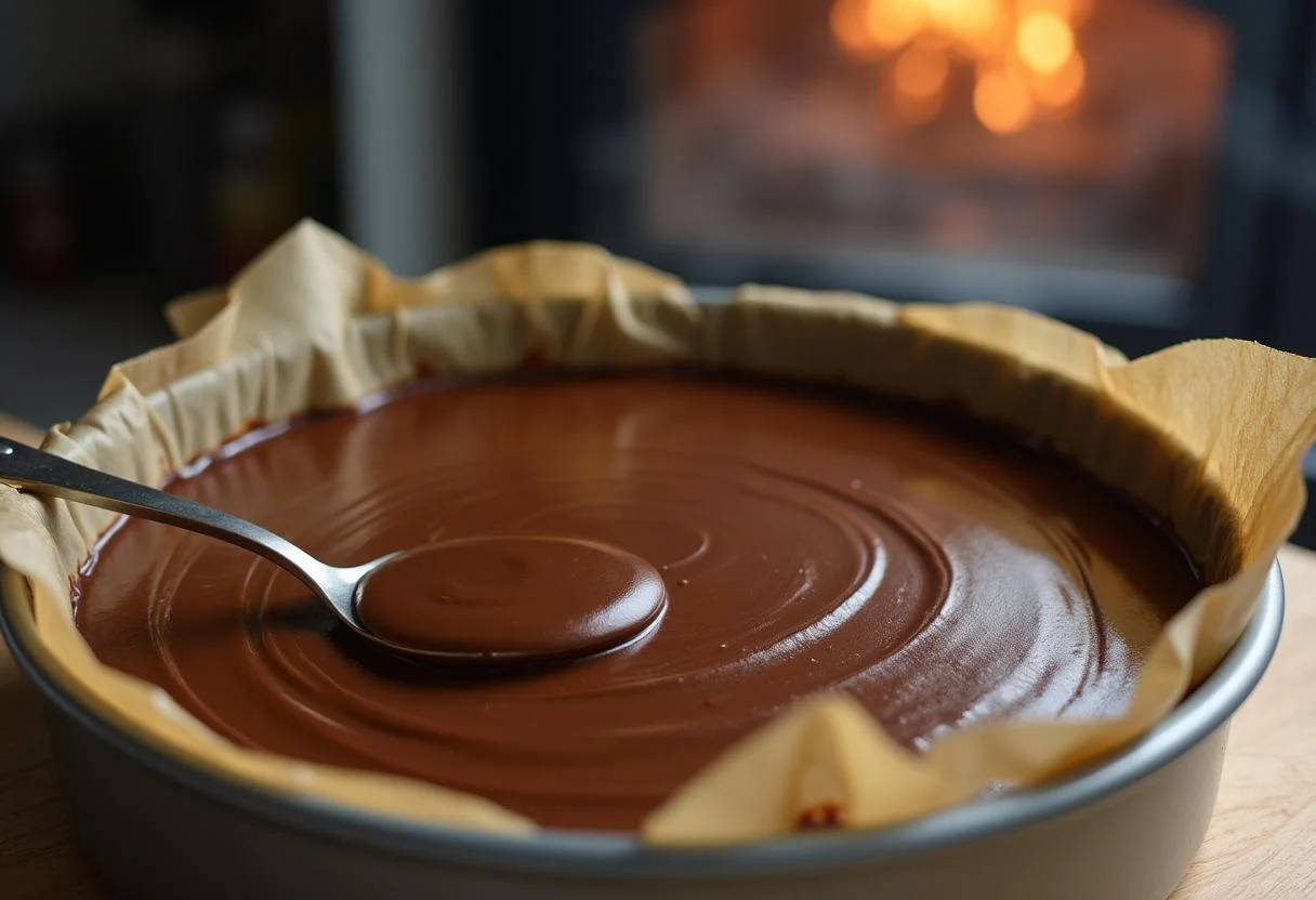 Forma de bolo sendo preenchida com a massa de chocolate 100 cacau antes de assar.