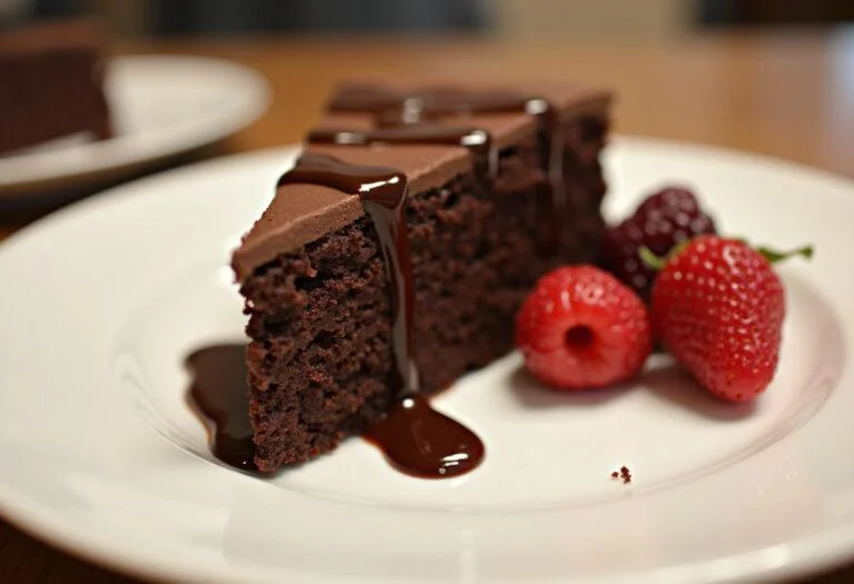 Fatia do Bolo de Chocolate Genuine decorada com calda de chocolate e frutas frescas.