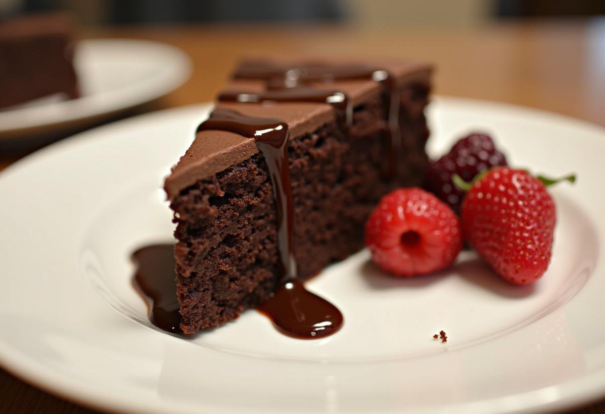 Fatia do Bolo de Chocolate Genuine decorada com calda de chocolate e frutas frescas.