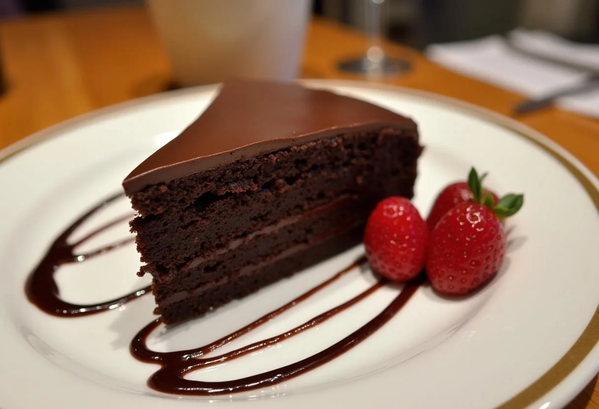 Fatia do Bolo de Chocolate Genuine decorada com calda de chocolate e frutas frescas.