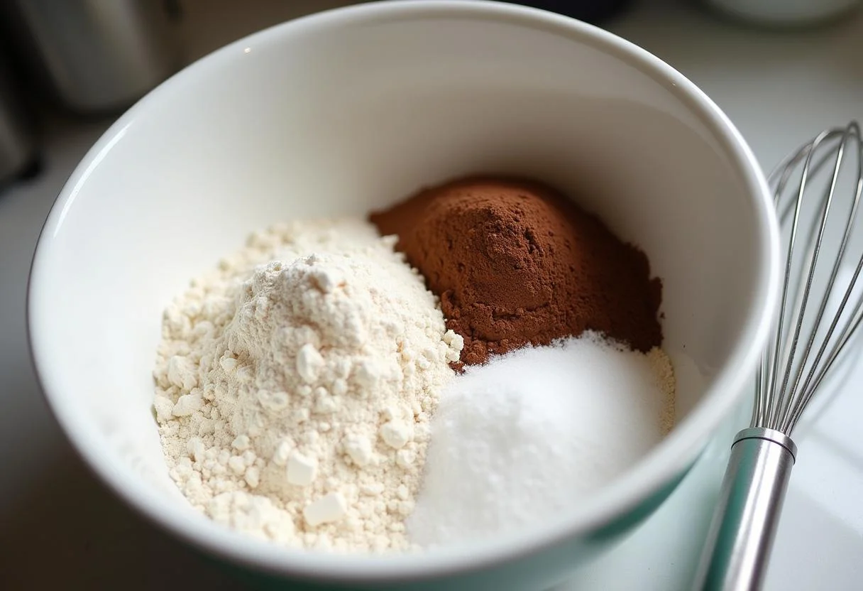 Ingredientes secos para o Bolo de Chocolate Genuine, incluindo farinha, cacau e açúcar.