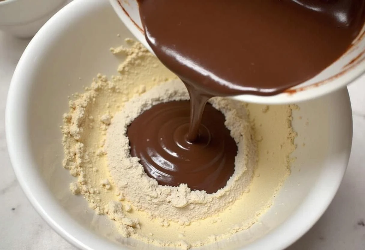 Chocolate derretido sendo adicionado aos ingredientes secos do Bolo de Chocolate Genuine.