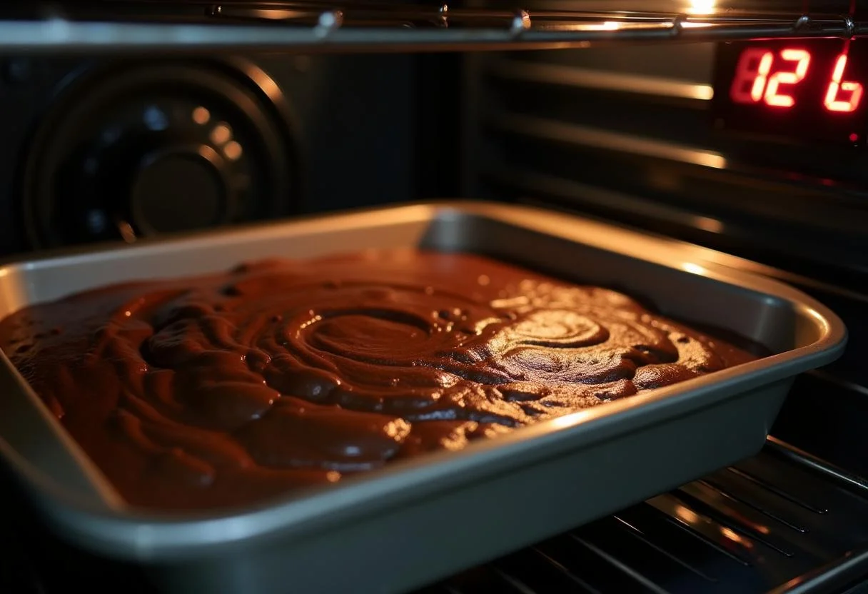 Forma de bolo com massa do Bolo de Chocolate Genuine sendo colocada no forno.