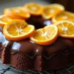 Bolo de chocolate com laranja pronto, coberto com cobertura de chocolate e fatias de laranja.