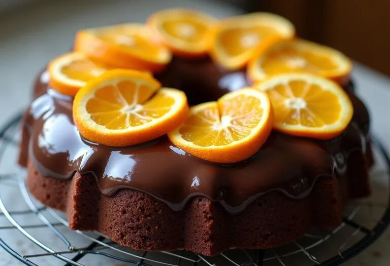 Bolo de chocolate com laranja pronto, coberto com cobertura de chocolate e fatias de laranja.