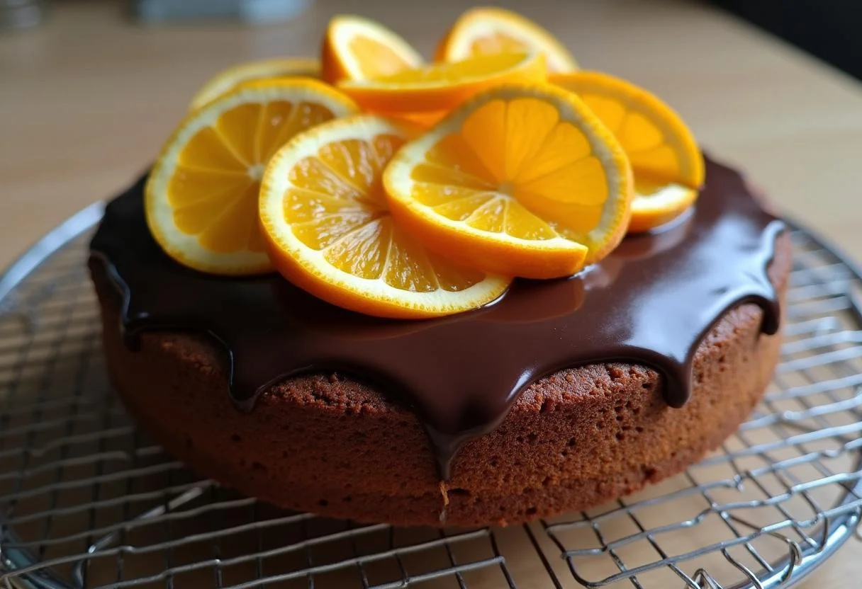 Bolo de chocolate com laranja pronto, coberto com cobertura de chocolate e fatias de laranja.