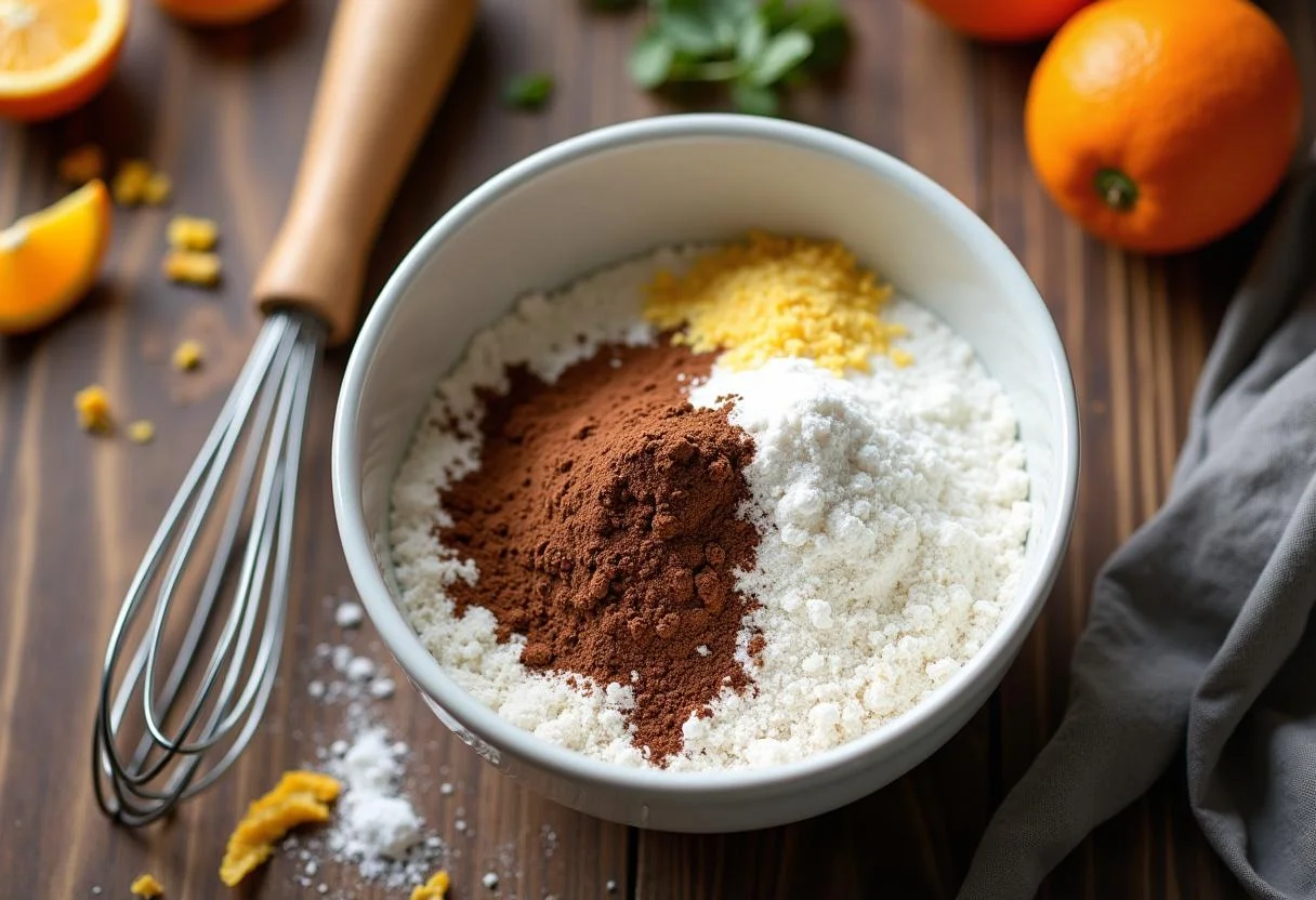 Ingredientes secos para o bolo de chocolate com laranja, incluindo farinha e cacau em pó.