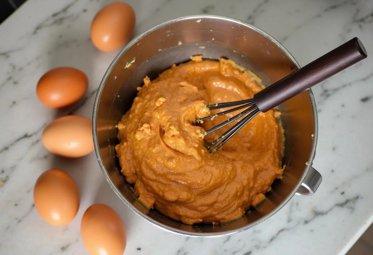 Bolo de chocolate com laranja preparando-se para ser misturado com os ingredientes secos.