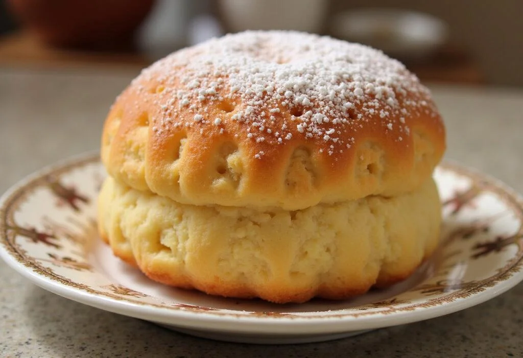 Bolo de Farinha de Arroz Fofinho finalizado, com cobertura de açúcar de confeiteiro, perfeito para servir com chá.