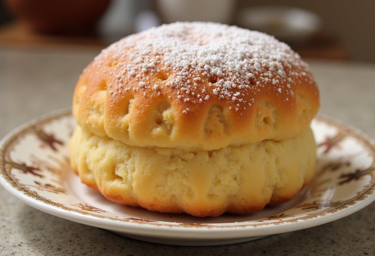 Bolo de Farinha de Arroz Fofinho finalizado, com cobertura de açúcar de confeiteiro, perfeito para servir com chá.