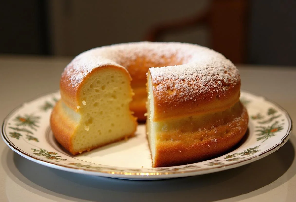 Bolo de Farinha de Arroz Fofinho finalizado, com cobertura de açúcar de confeiteiro, perfeito para servir com chá.